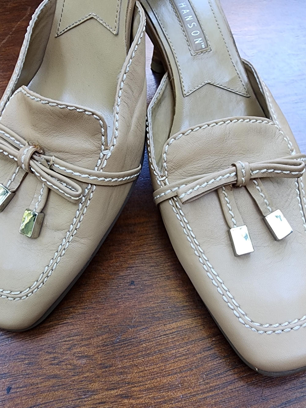 Vintage Hillard & Hanson Tan Beige Leather Mules Tassel Kitten Heels [8.5]